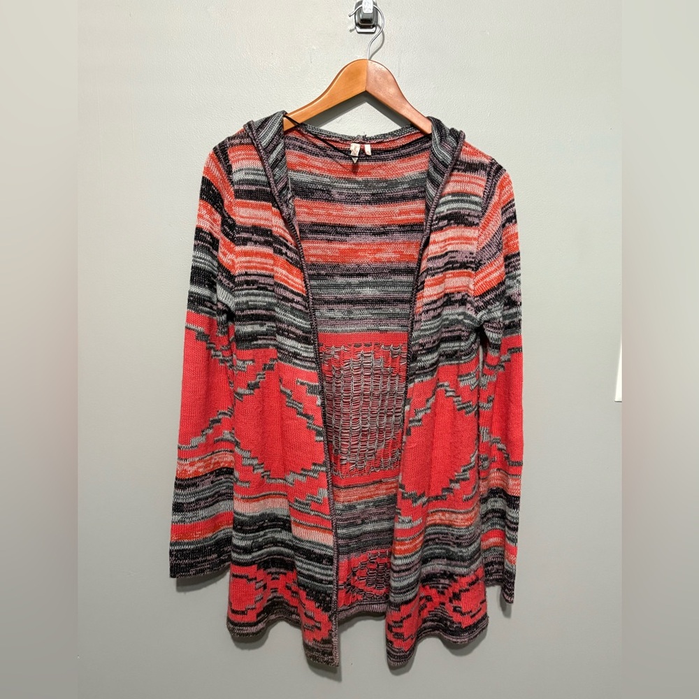 Red Camel Hooded Open Cardigan Red & Gray Aztec Design XL EUC Gorgeous!